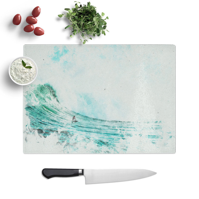 Tempered Glass Surfing a Wave Chopping Board, 20 cm x 28.5 cm