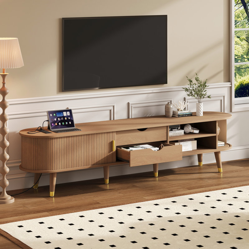Meuble télé pour téléviseur de 80 po ou moins avec station de charge et porte tambour, Naturel