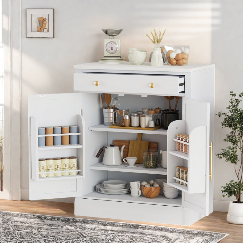 Buffet moderne avec 1 tiroir, 2 tablettes réglables et 2 tablettes de porte, Blanc