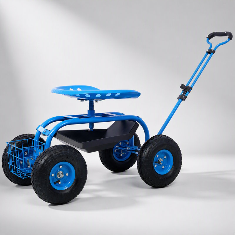 Scooter de jardin roulant durable avec siège pivotant, plateau à outils et grandes roues pour faciliter le déplacement et le rangement
