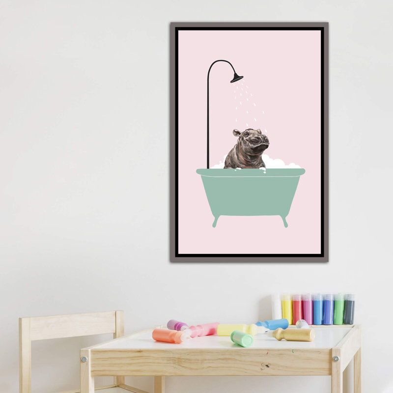Hippopotame dans une baignoire, art encadré, H 48 po x l 32 po x P 1,5 po, Toile encadrée de bois rustique foncé