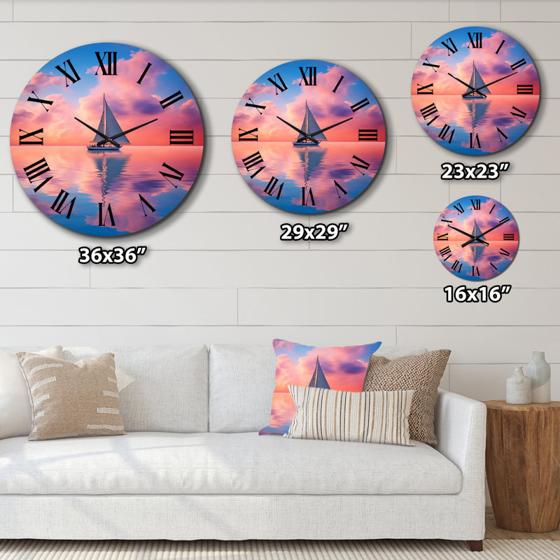 Horloge murale voilier rose et coucher de soleil, Grand
