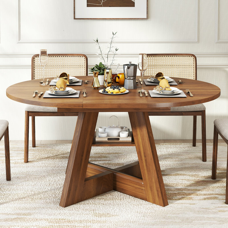 Table de salle à manger extensible 43,3 po à 59 po pour 4-6, table de salle à manger ronde avec rallonges amovibles, base croisée et tablette de rangement