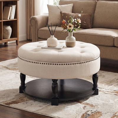  2 Tier Upholstered Round Storage Ottoman With Button Tufted Lift Lid and Wooden Storage Shelf 