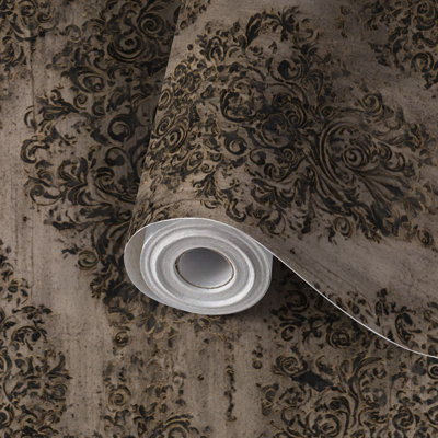 Papier peint à peler et à coller, papier peint ornemental damassé baroque, feuille d'or, auto-adhésif et amovible 17,7 po x 118 po (45 x 300 cm)