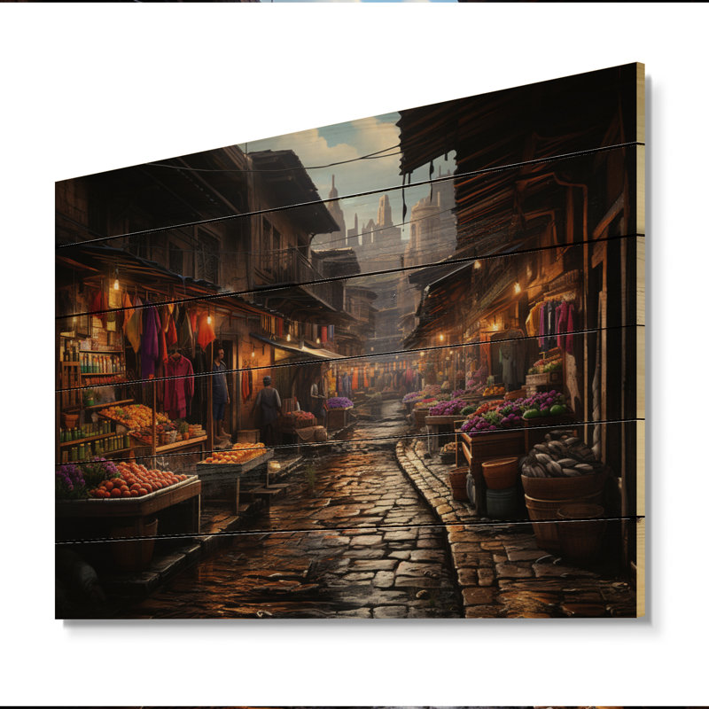 Marché de l'art mexicain brun et orange sur bois, H 10 po x l 20 po x P 0,78 po