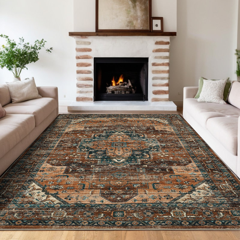 Oriental Machine Washable Area Rug for Living Room Non-Slip Vintage Carpet with Rubber Backing for Bedroom Hallway Dining Room Kitchen Office Farmhouse
