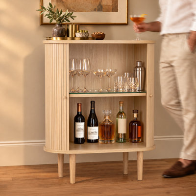 28'' Bar Cabinet with Storage - Coffee and Wine Bar Sideboard Buffet Cabinet with Sliding Doors and Adjustable Shelves for Kitchen and Living Room (Oak)