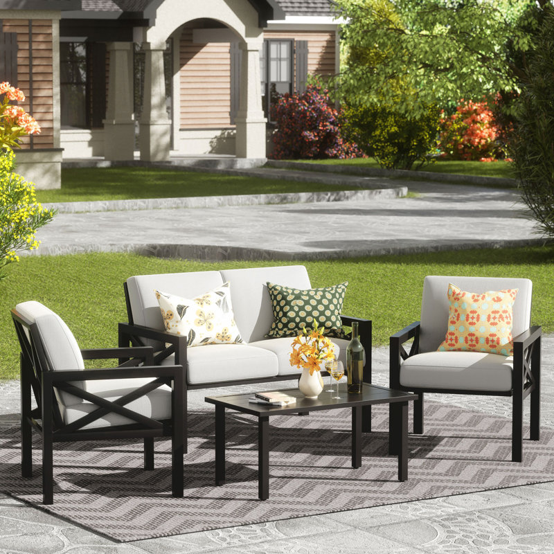 Myrtlene 4-Person Outdoor Seating Group with Cushions , Gray Cushion/Black Frame