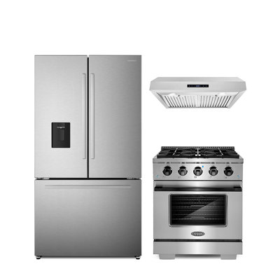 3 Piece Kitchen Package With 30"" Freestanding Gas Range With Custom Handle And Knob Kit 30"" Under Cabinet Range Hood 36"" French Door Refrigerator -  Cosmo, COS-4PKG-1049