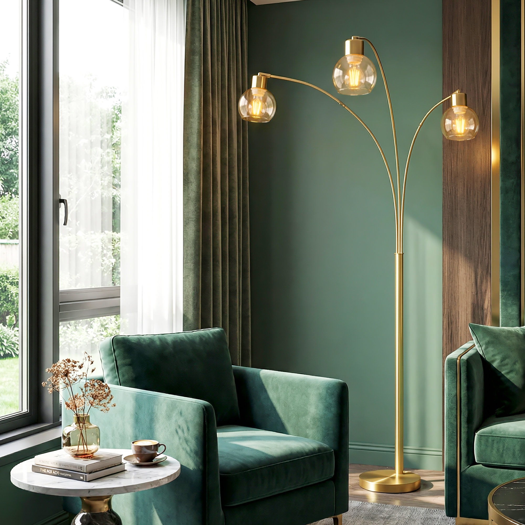 72.8 in Industrial 3-light Led Arched Standing Tree Floor Lamp With Adjustable Swing Arm Heads - Gold