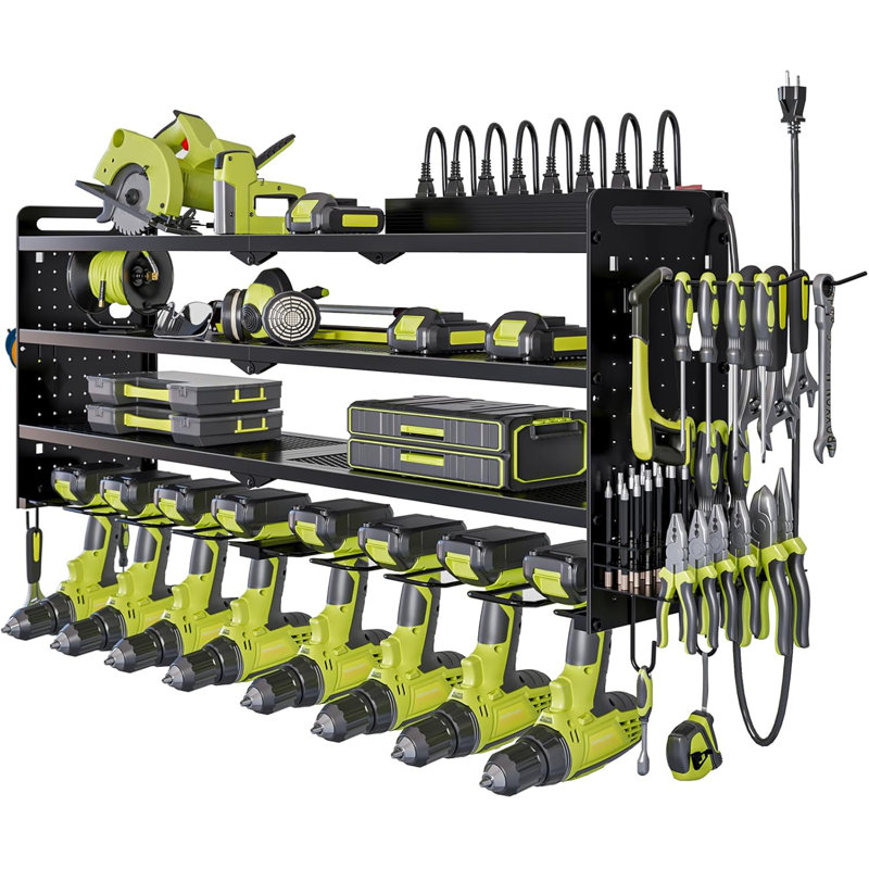 Support mural pour outils électriques avec station de charge, 8 supports de perceuse, support de rangement à 4 niveaux pour l'organisation d'outils de garage