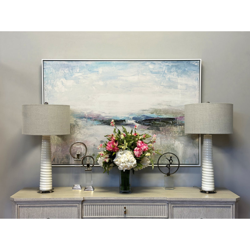 Faux Floral Arrangement with Butterfly Magnolias and Hydrangeas, Cream/Pink