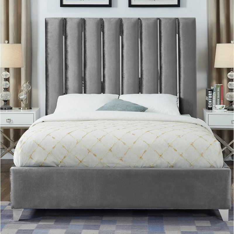 Lit plateforme tapissier capitonné Dietrich, Très grand, Velours gris