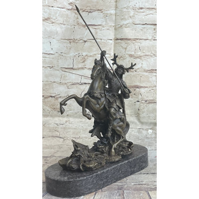 Zolder Japanese Samurai Warrior On Horseback Bronze Statue Sculpture Figure On Marble Base