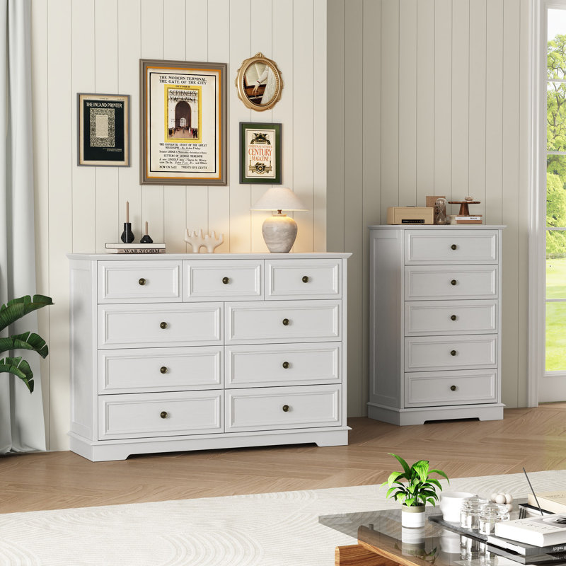 wide dresser 2-Piece Vintage Bedroom Set: 9-Drawer & 5-Drawer Tall Chest, Wood Grain Lark Manor Color: White Color:OCEAN-BLUE Hidden Valley Original Ranch sequin gowns Long empowering workers who made