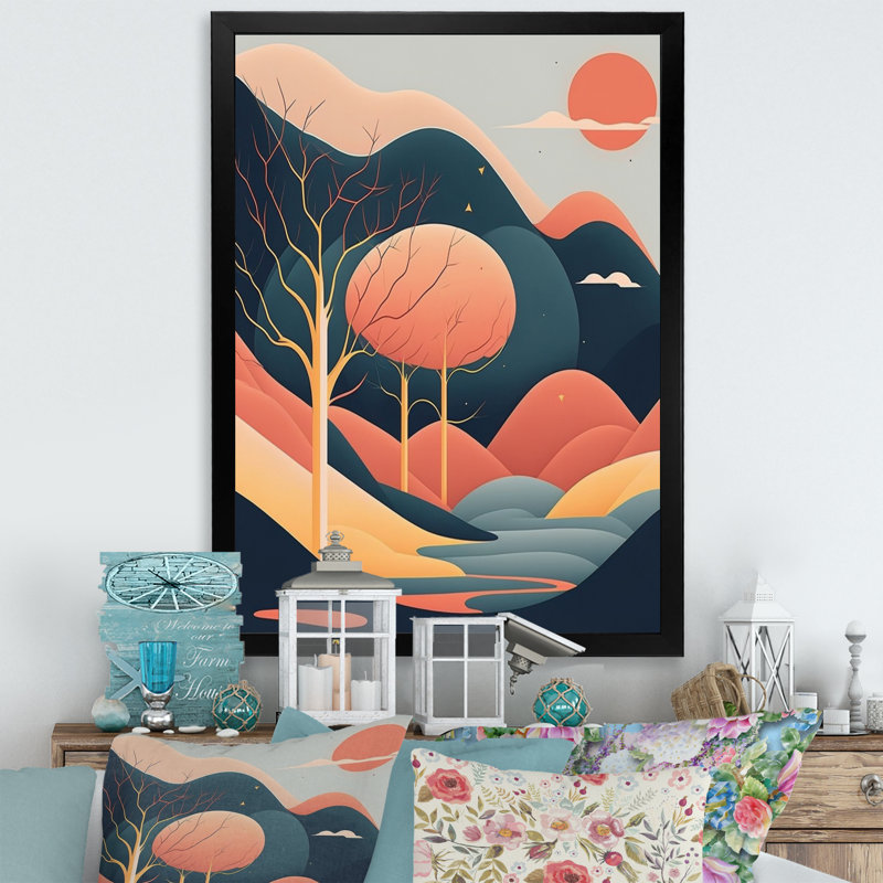 Décoration d'arbres d'automne sous la pleine lune rouge - paysage de montagnes, Impression noire sur toile encadrée