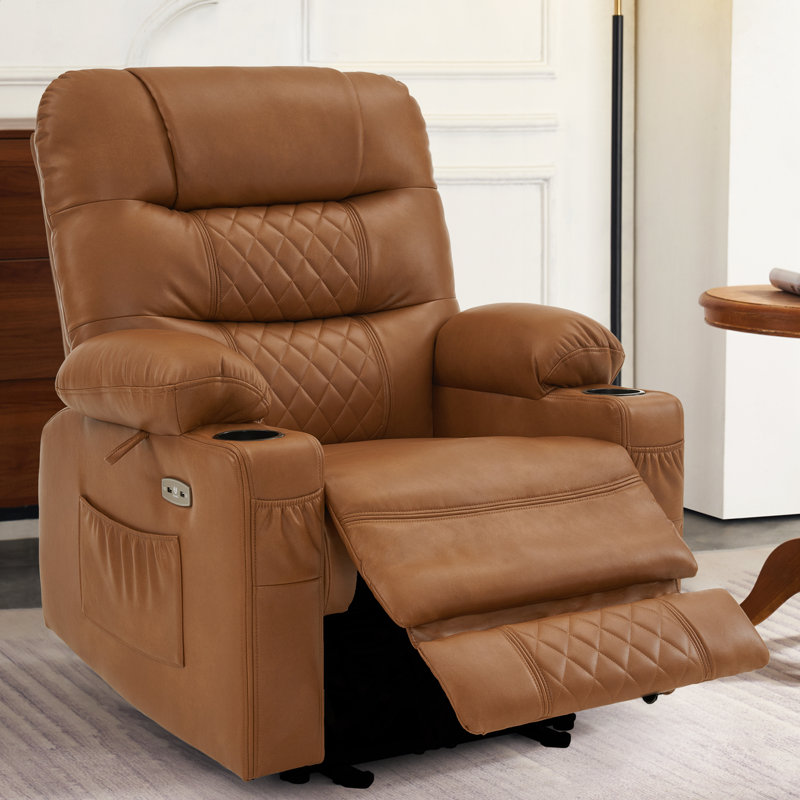Power Recliner Chair with Heat and Massage, Cup Holder, USB Port, Faux Leather, Orange