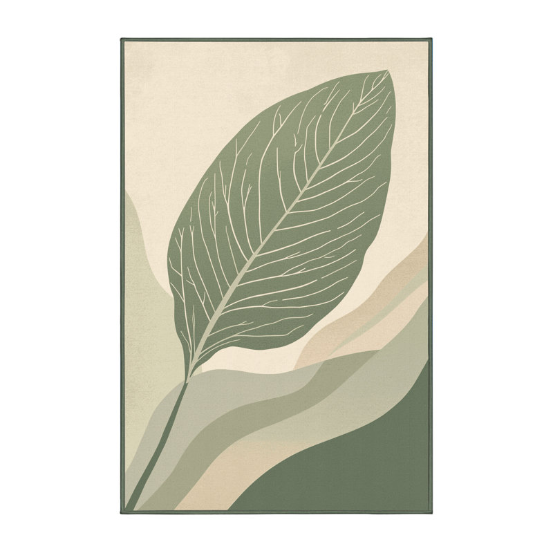 Machine Washable Aedan Spinach Leafy Greens Minimalist Rug in Green – SageGreen Binding, 8x12