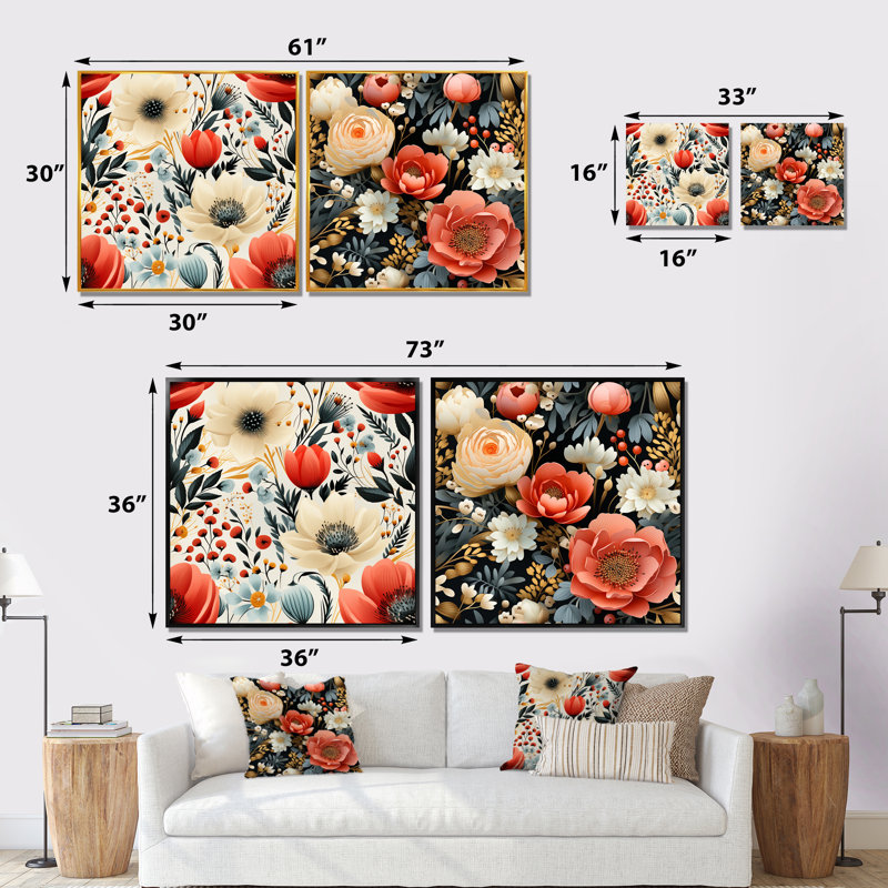 Williamstown - Floral Canvas Wall Art Set Of 2, 36" H x 73" W x 1.5" D, Black Framed