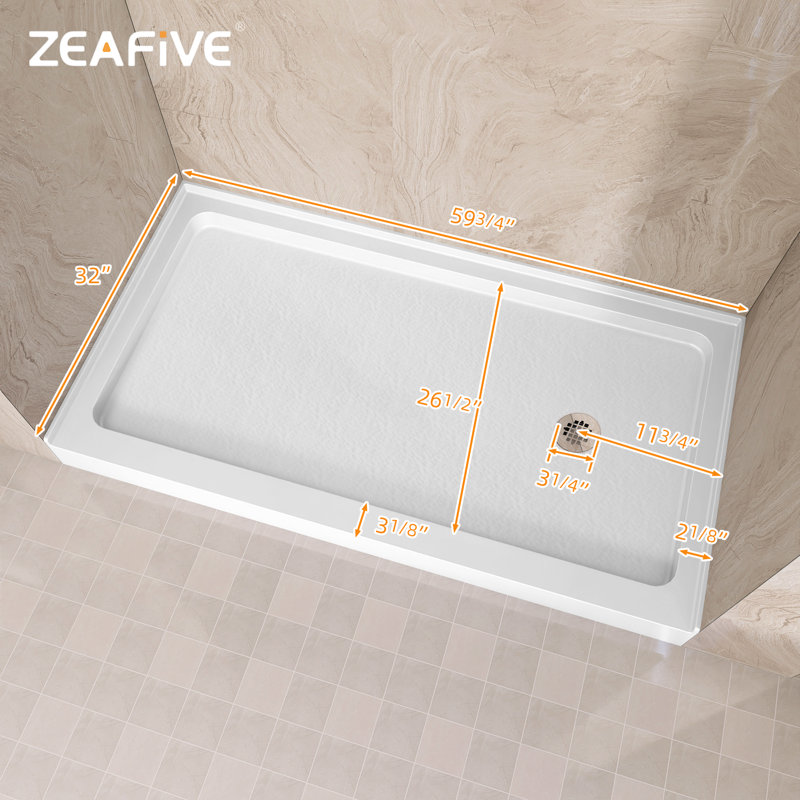 32 In. D X 60 In. W X 5 1/2 In. H Drain Single Threshold Shower Base, Right