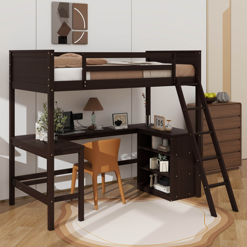 Lit simple surélevé avec tablettes intégrées et espace d'étude dédié, Espresso