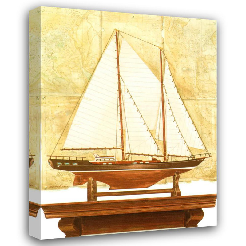 Yacht et carte antique II, H 37 po x l 28 po
