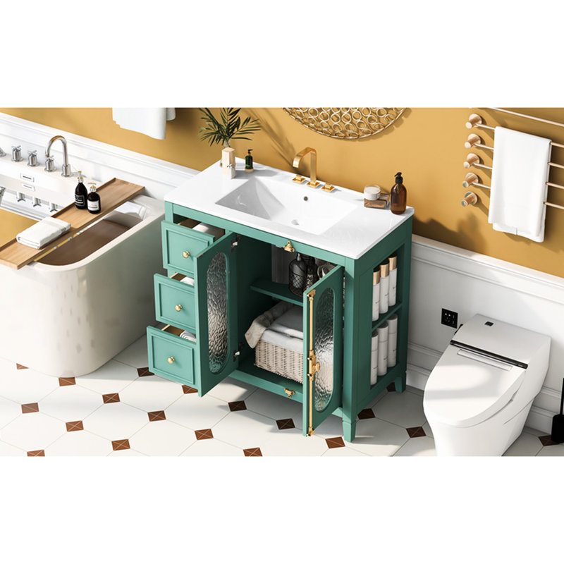 Meuble-lavabo 36 po avec cadre en bois massif, 2 portes à fermeture douce. Vaste espace de rangement pour 3 tiroirs. Élégant détail en verre translucide. Fabrication. Assemblage sans effort. Armoire ornementale de 36 po Lake