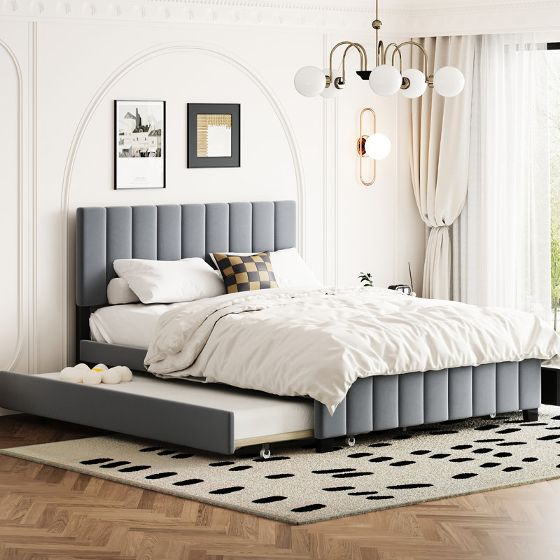 Grand lit plateforme avec revêtement gris. 2 tiroirs et lit gigogne simple TG Solide. Optimisez le rangement et le détail de la chambre à coucher. Fabrication. Disposition