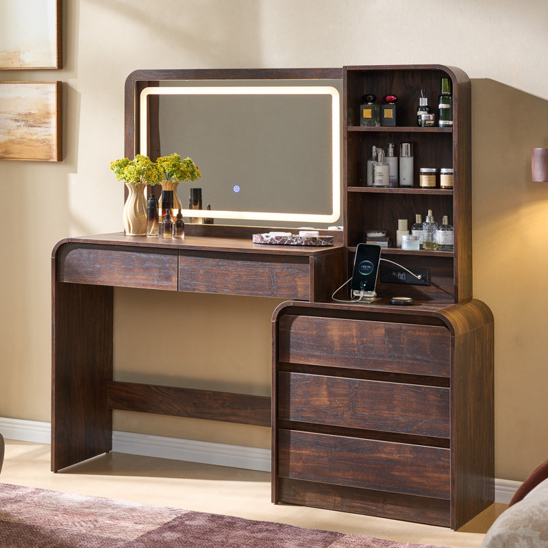 Maud Modern Makeup Vanity Desk with LED Lighted Mirror & Power Outlet & 5 Drawers, Makeup Table with Adjustable Shelves and Charging Station