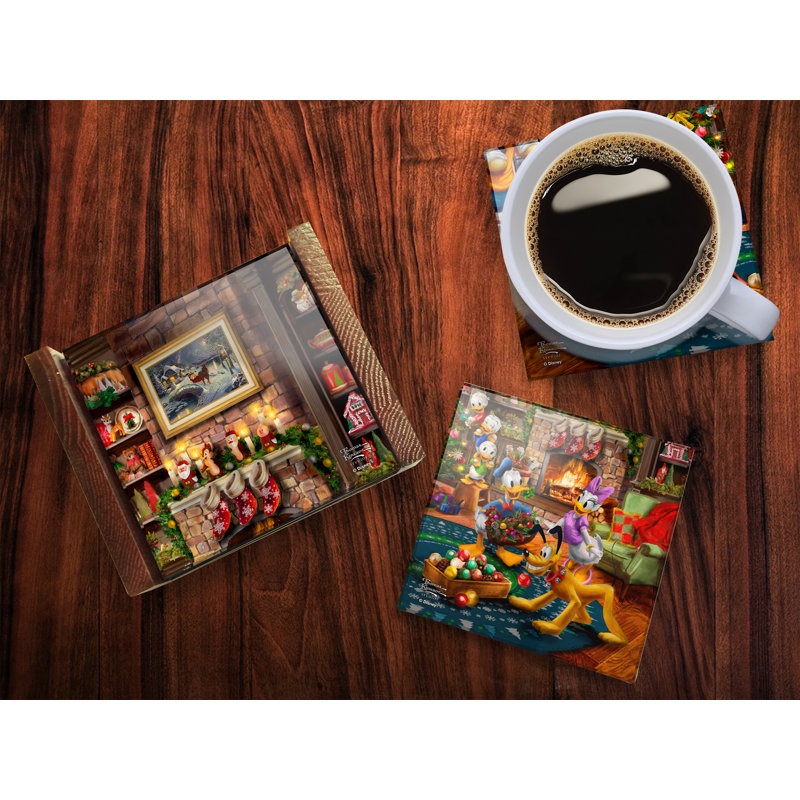 (Symboles) Ensemble de sous-verres en verre Starfire, Disney / Micky et Minnie coupant l'arbre