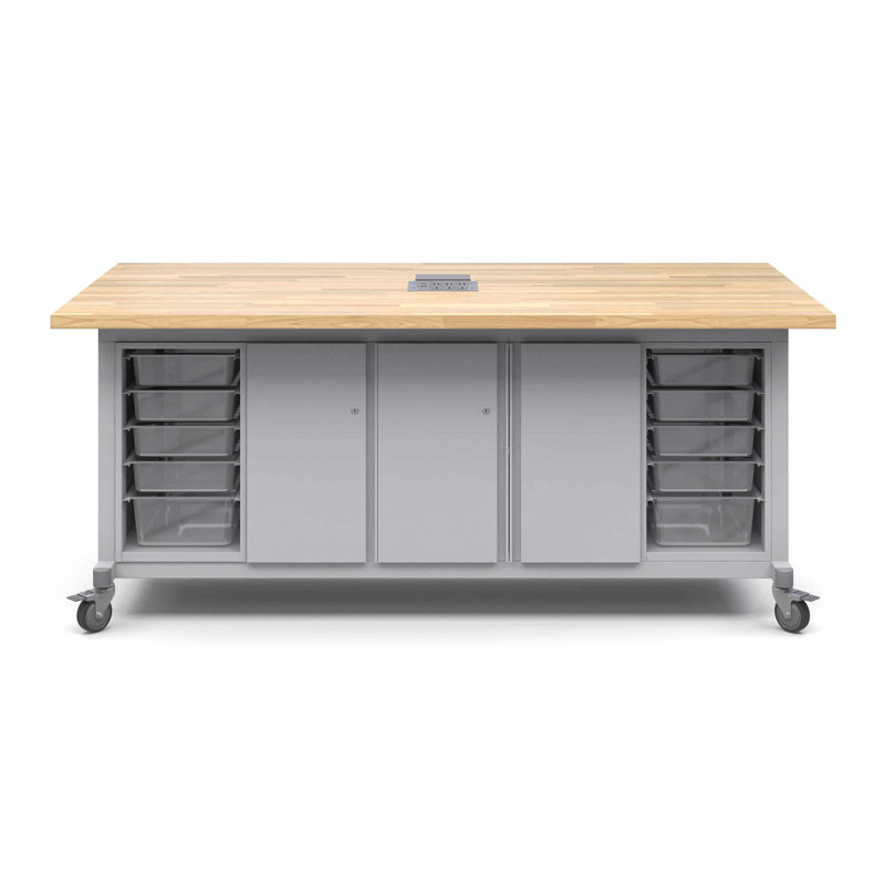 Explorer Maker Table With 2 Bin Modules with Bins, 1 Single and 1 Double Storage Module With Locking Doors and Power