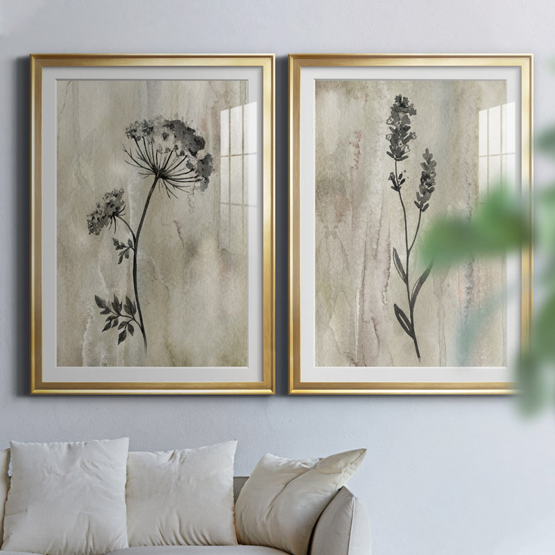 Sumi-e Silhouette I - Matted and Framed Under Acrylic Glass, Set of 2, Large Living Room Wall Art, 26.5" H x 73" W, Gold