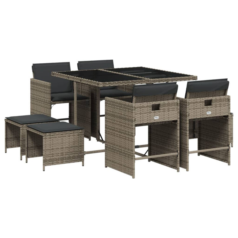 Ensemble repas de patio 9 pièces avec coussins Hokku Designs, Grey/Grey, Tempered Glass