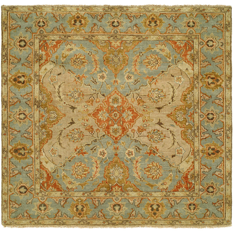 Tapis oriental en laine noué à la main beige, bleu et rouille, Carré 10 pi