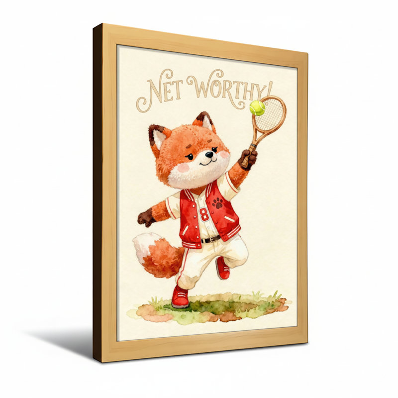 Animaux, renard jouant au tennis avec une raquette et une balle, H 16 po x l 24 po, Toile tendue, Ne s’applique pas