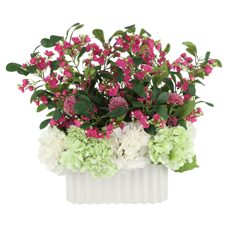 Hydrangeas and Dahlias in Pleated Vase