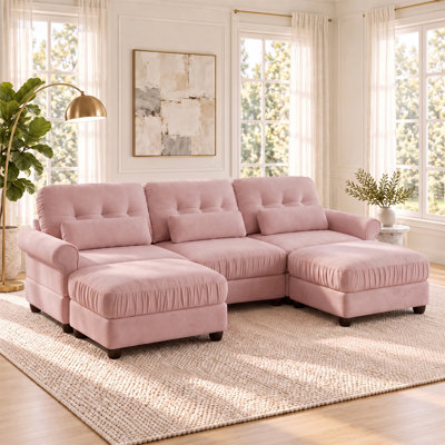 Canapé 3 places en chenille de 250 cm avec 2 poufs assortis, bords d'assise froncés, accoudoirs arrondis et coussins de soutien lombaire, coussins fermes et moelleux, ensemble de canapé capitonné pour salon