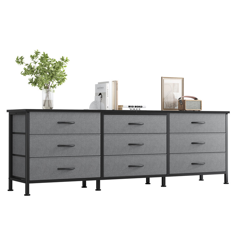 Commode 63 pouces pour chambre à coucher, placard en tissu 9 tiroirs, grand meuble télé, meuble audio-vidéo avec rangement, commode