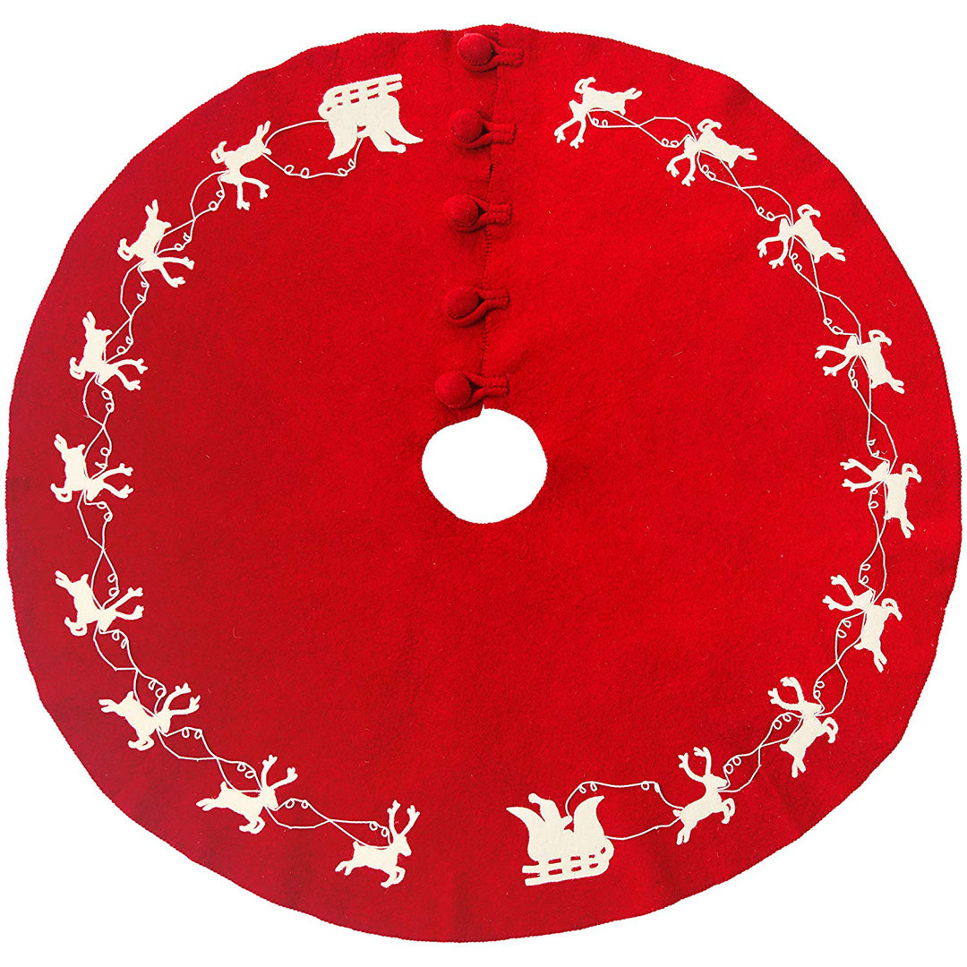 Cream Reindeer on Red Christmas Tree Skirt in Hand Felted Wool - 60"/72" Arcadia Home