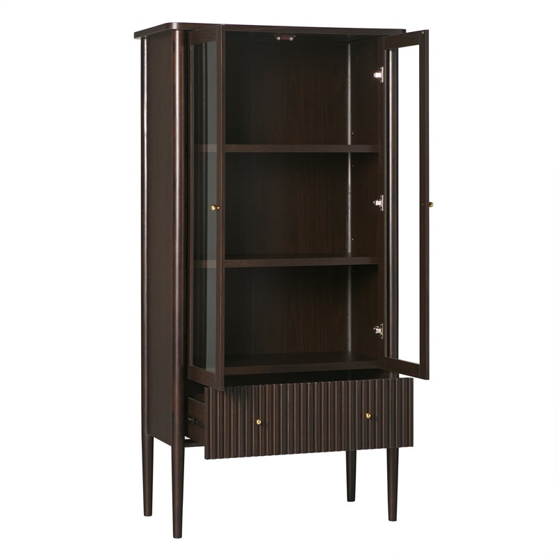 Aleric Modern Fluted Glass Bookshelf Cabinet, Dark Brown Oak