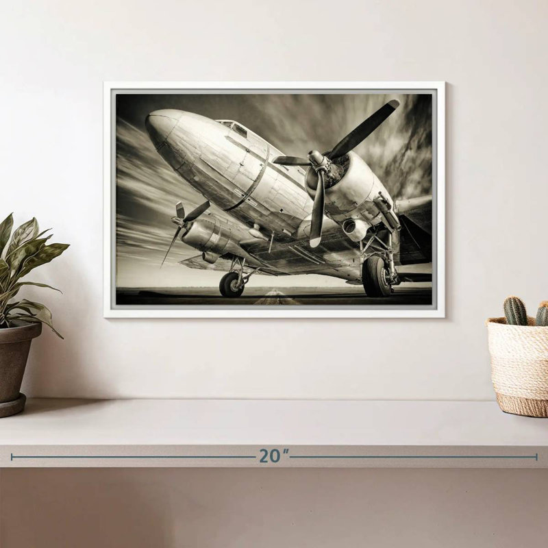 Avion rétro monochrome, Cadre flottant blanc, 13 po x 9 po