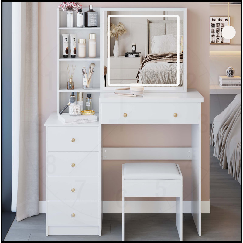 Versatile Bedside Cabinet with Advanced LED Mirror and Ample Storage, White