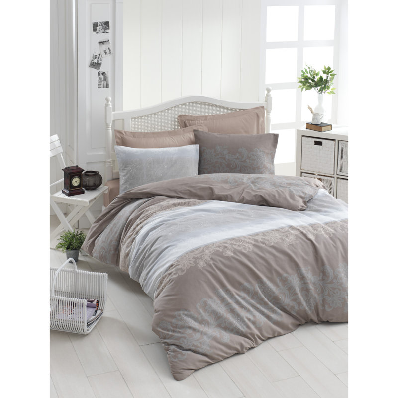Ensemble de housse de couette 100% coton brun / gris Mareike, Housse de couette 61 po x 79 po + 1 taie d'oreille
