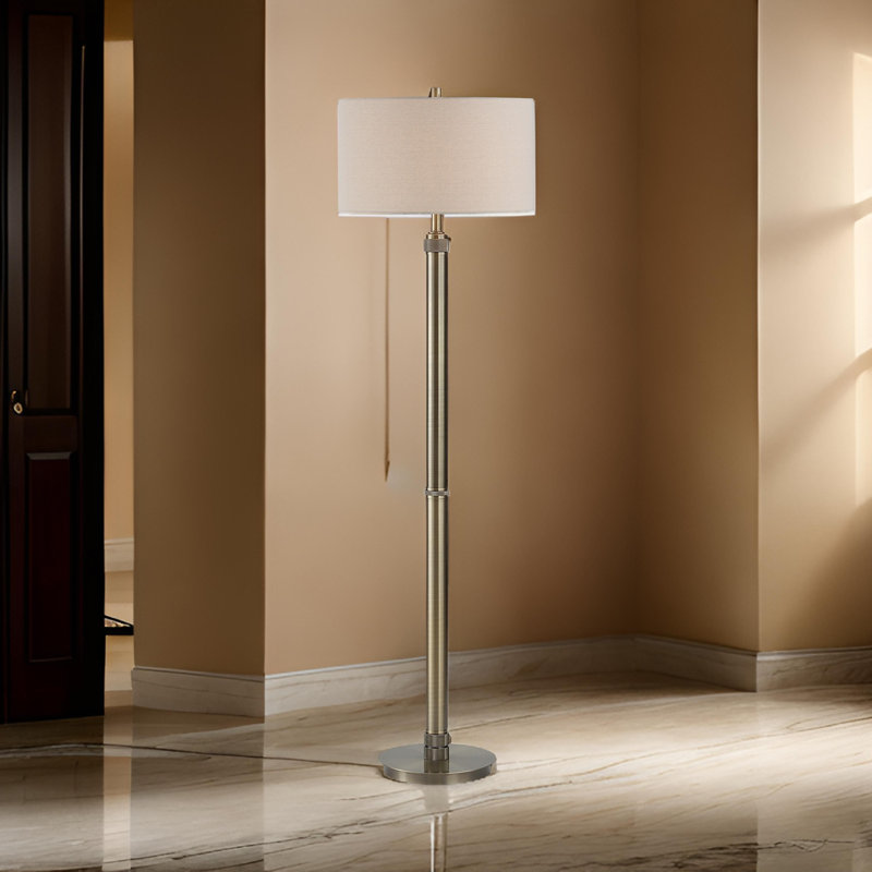 Modern Floor Lamp, White Linen Drum Shade, Brass Metal Pole, Round Base