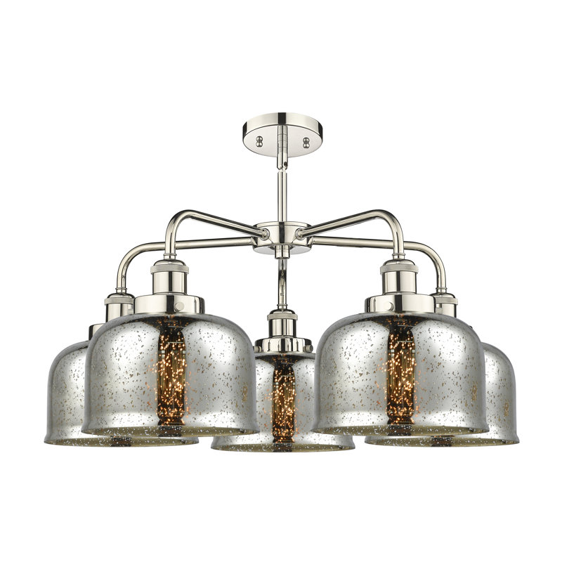 Lustre en verre à 5 lumières Bell, Argent mercuré plaqué, Nickel poli