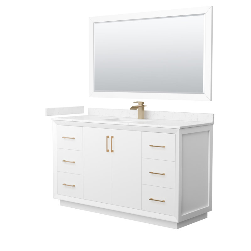 60'' Single Bathroom Vanity with Cultured Marble Top, Satin Bronze, White, Carrara Cultured Marble