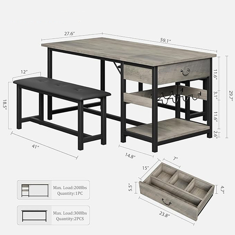 Ensemble de table de salle à manger de cuisine avec bancs rembourrés, Gris