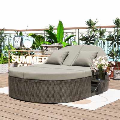 Adjustable PE Rattan Outdoor Daybed with Comfortable Cushions and Convenient Side Trays by Latitude Run