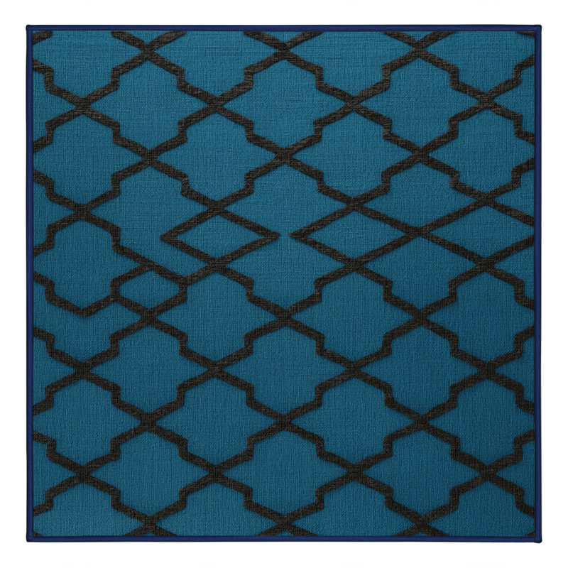 Machine Washable Trellis Blue Area Rug, Square 4'